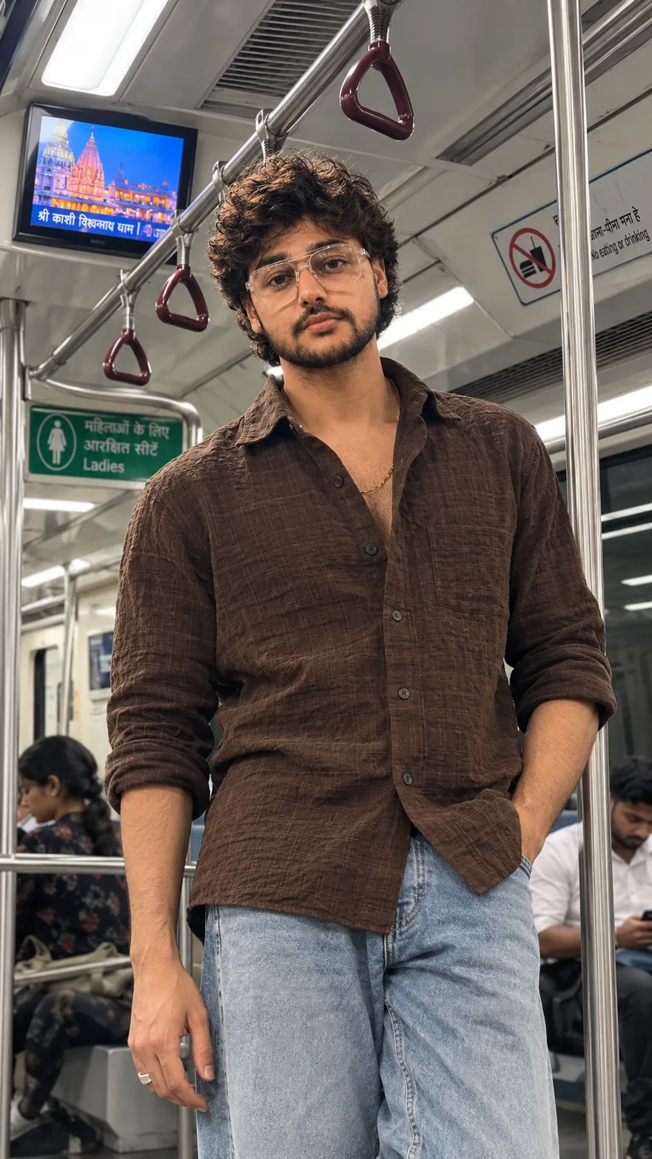 "A candid, low-angle lifestyle portrait of a young man with thick, soft, tousled black wavy hair and a short, neatly trimmed black beard