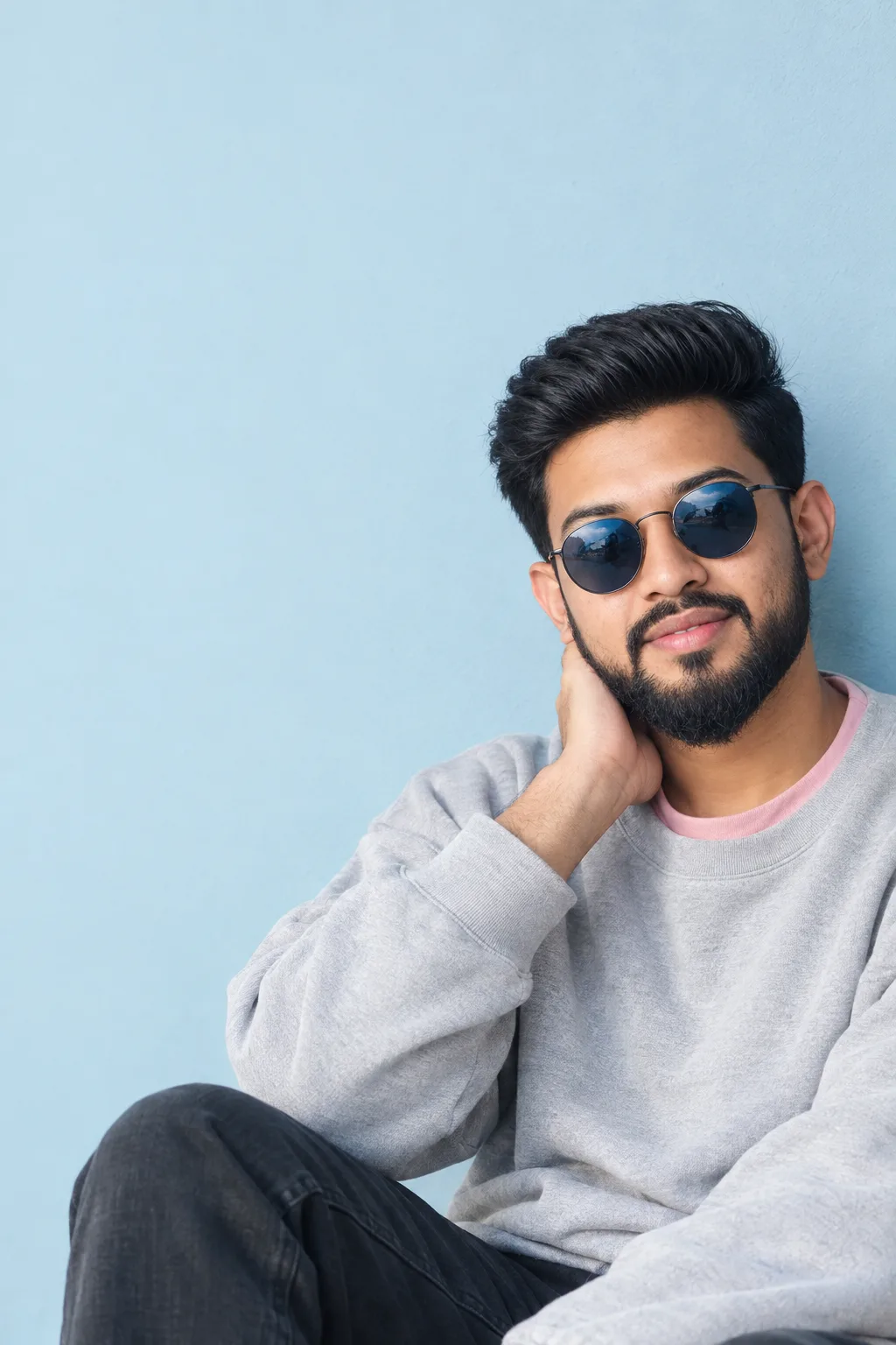 A stylish young South Asian man sitting casually against a clean pastel light-blue wall, positioned on the right side of the frame with