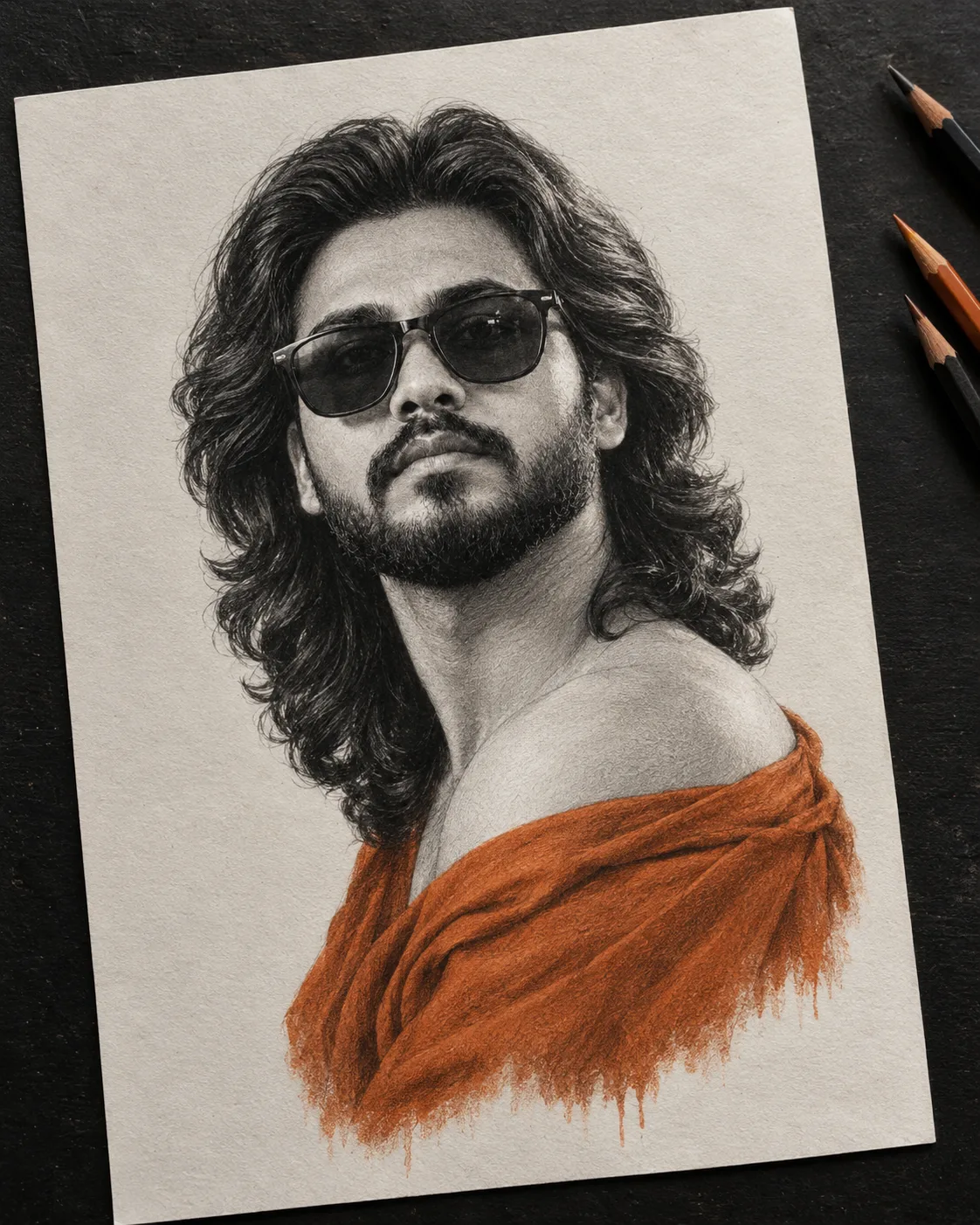 Create a highly detailed realistic graphite pencil portrait with selective color, using the uploaded image strictly as the ONLY face and