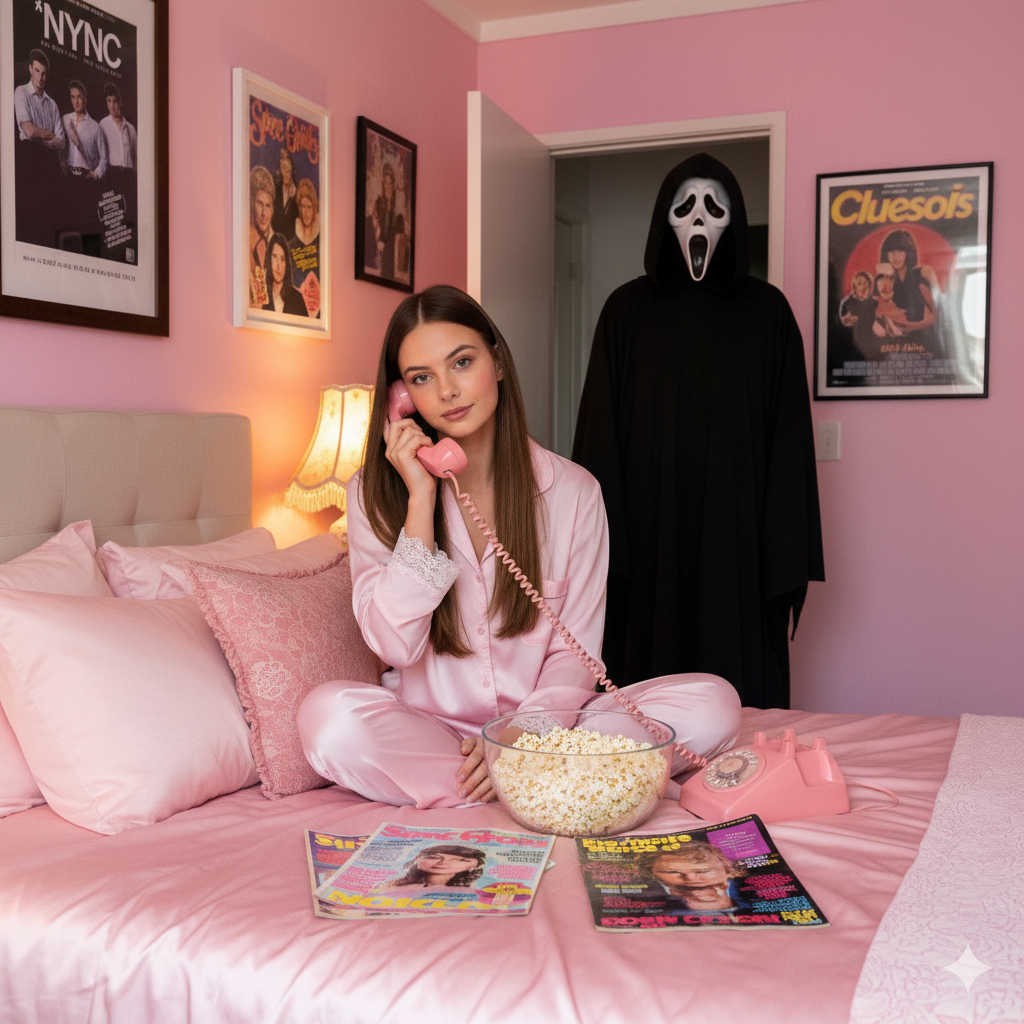 Ultra-realistic cinematic photo of a young woman in a pink retro bedroom, sitting on a satin bed.