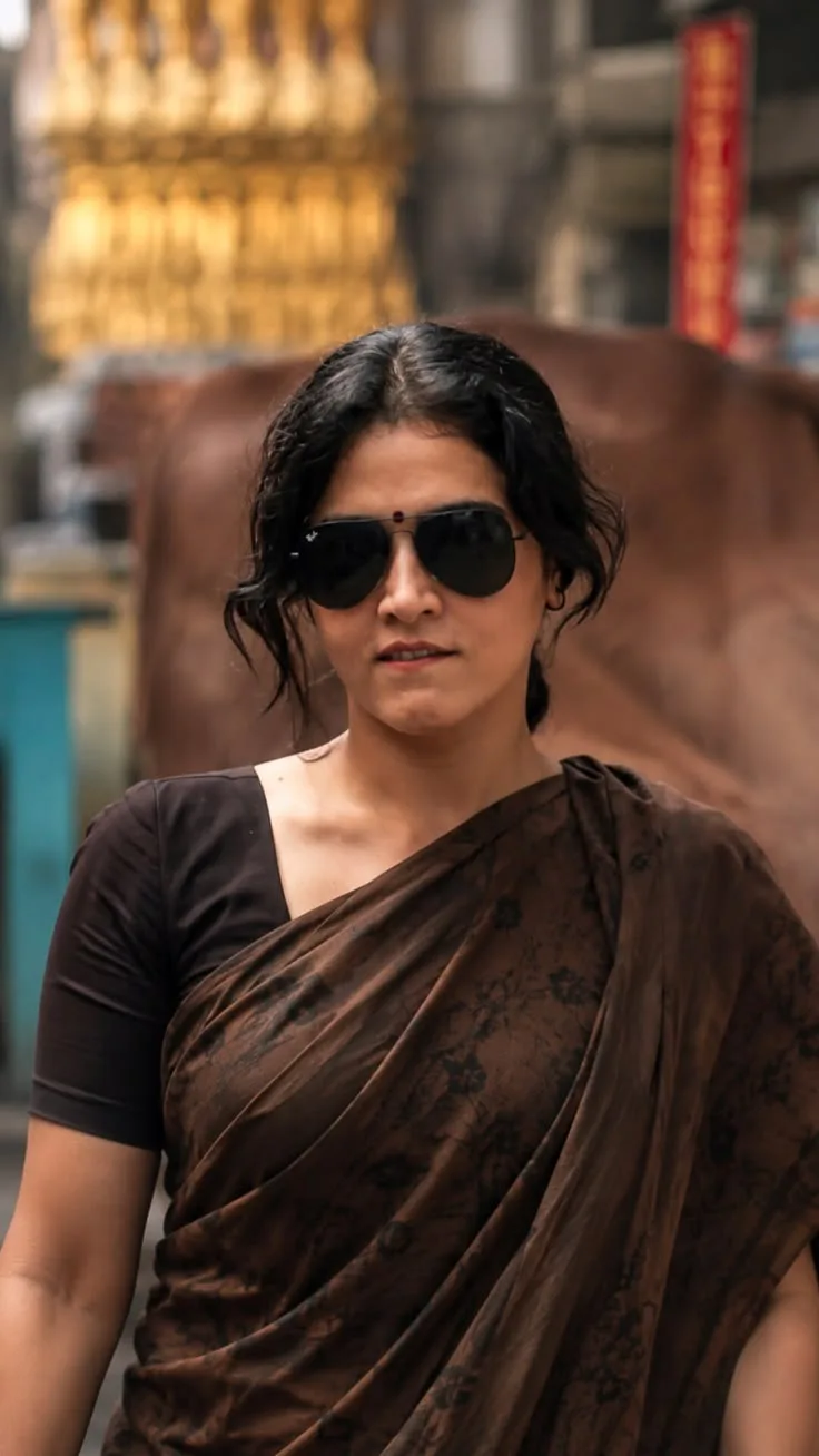 Create an ultra-realistic cinematic portrait of an Indian woman standing outdoors in a traditional street setting.