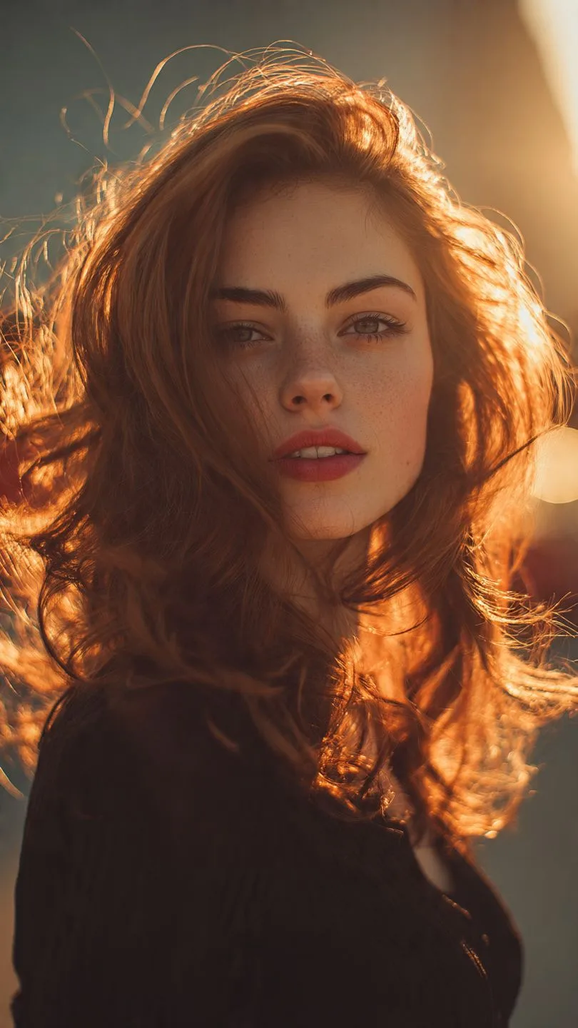 A stunning, cinematic 9:16 portrait of a young woman with voluminous, messy wind-blown brown hair with subtle golden highlights.