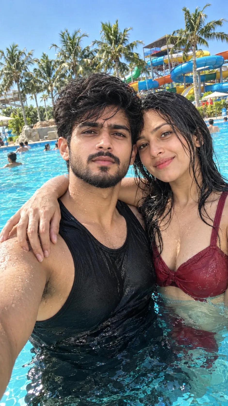 Create an ultra-photorealistic, high-resolution vertical 9:16 couple pool selfie, closely recreating the uploaded reference image.