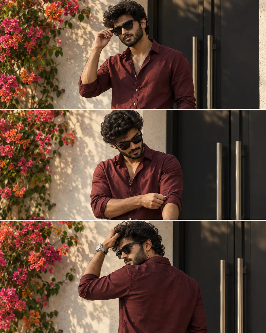 A premium cinematic men's fashion editorial triptych featuring the same stylish young South Indian man in three stacked portrait
