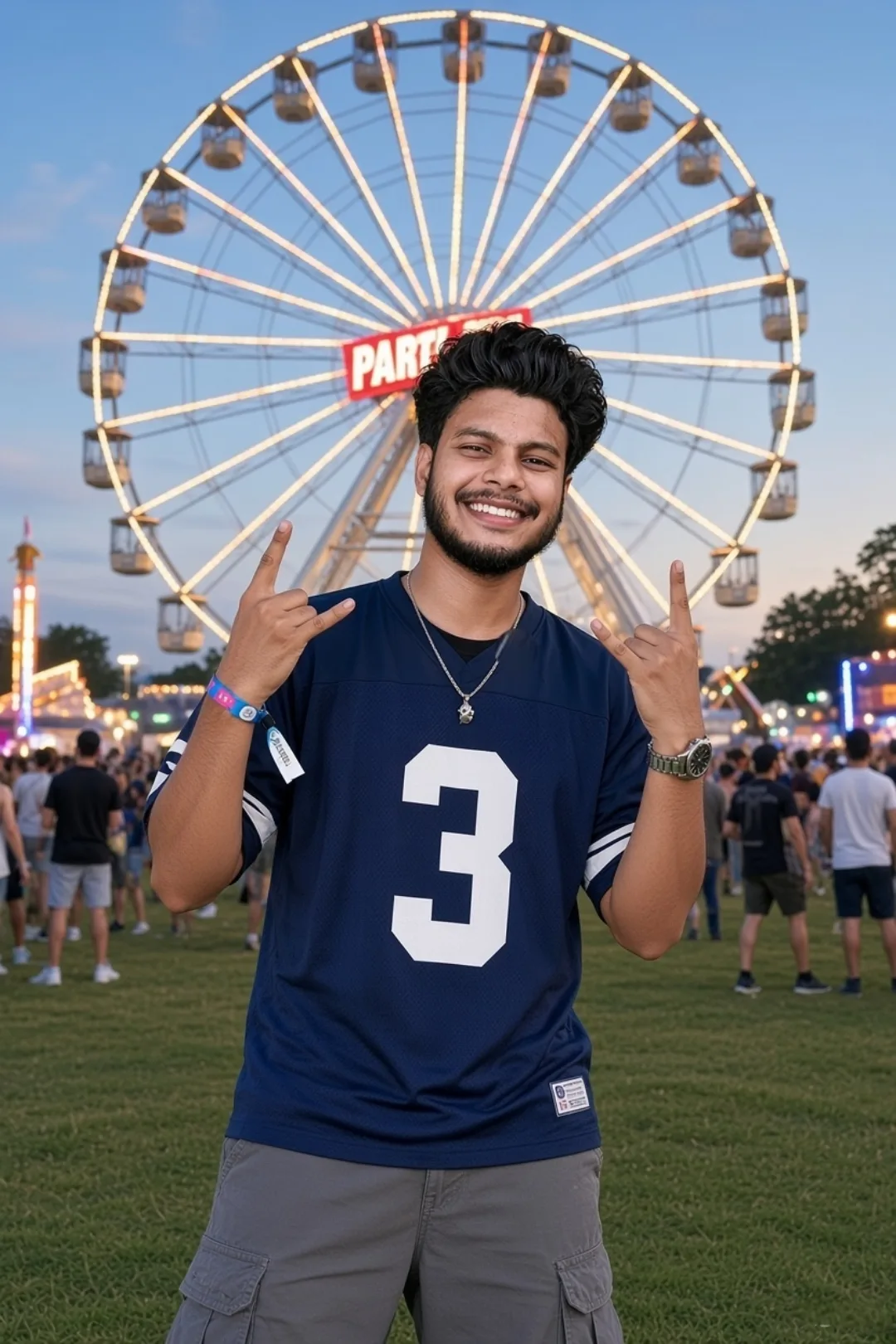 A cheerful young South Asian man with short curly black hair, a neatly trimmed beard and mustache, standing centered in the foreground of a