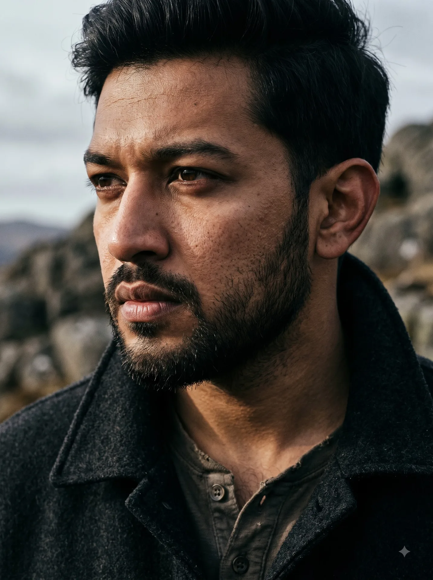 [Create an ultra-photorealistic cinematic close-up portrait of a rugged South Asian man in his early 30s, positioned slightly off-center