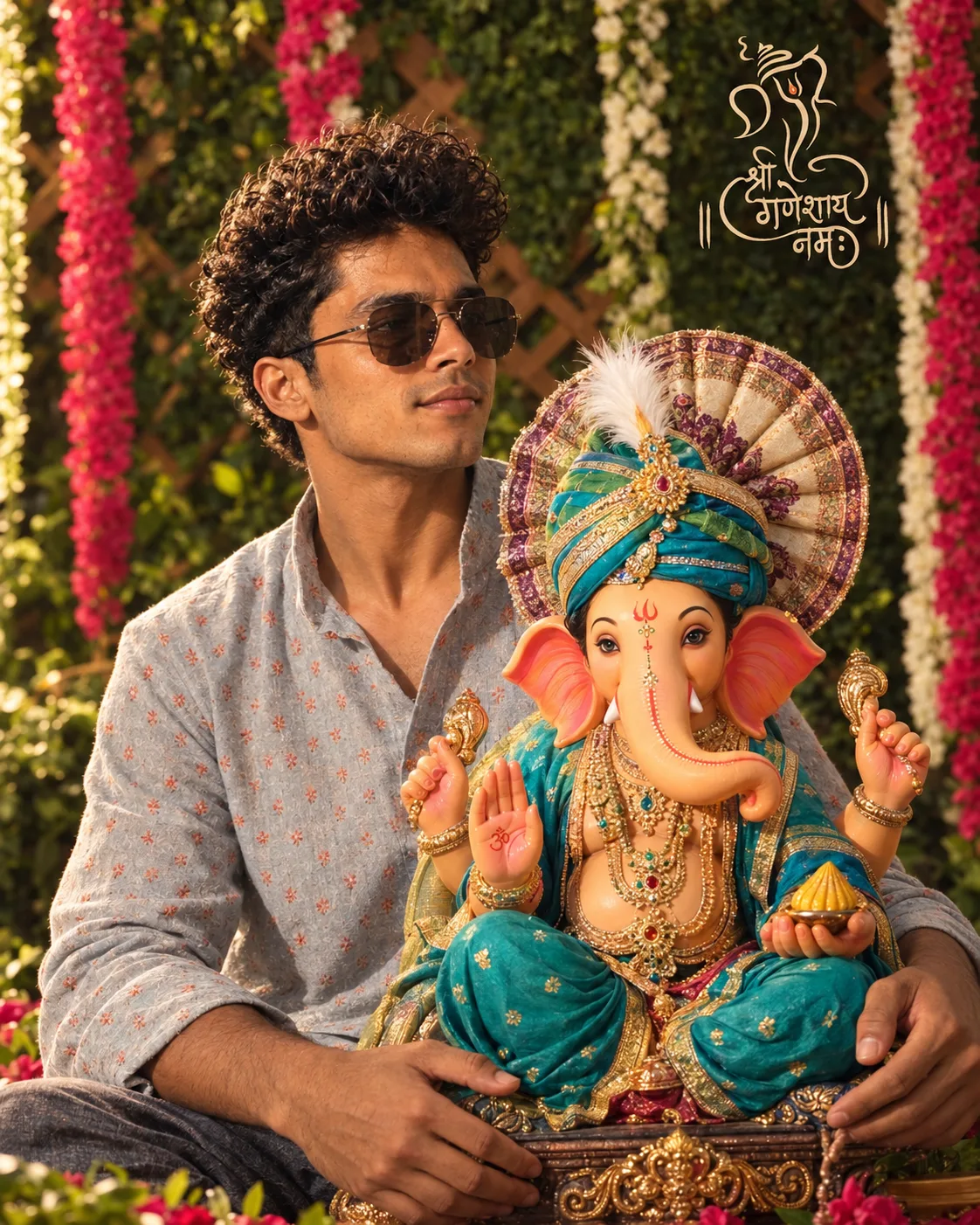 Create a high-resolution, photorealistic Indian festive portrait in a vertical 4:5 composition, closely matching the reference image.