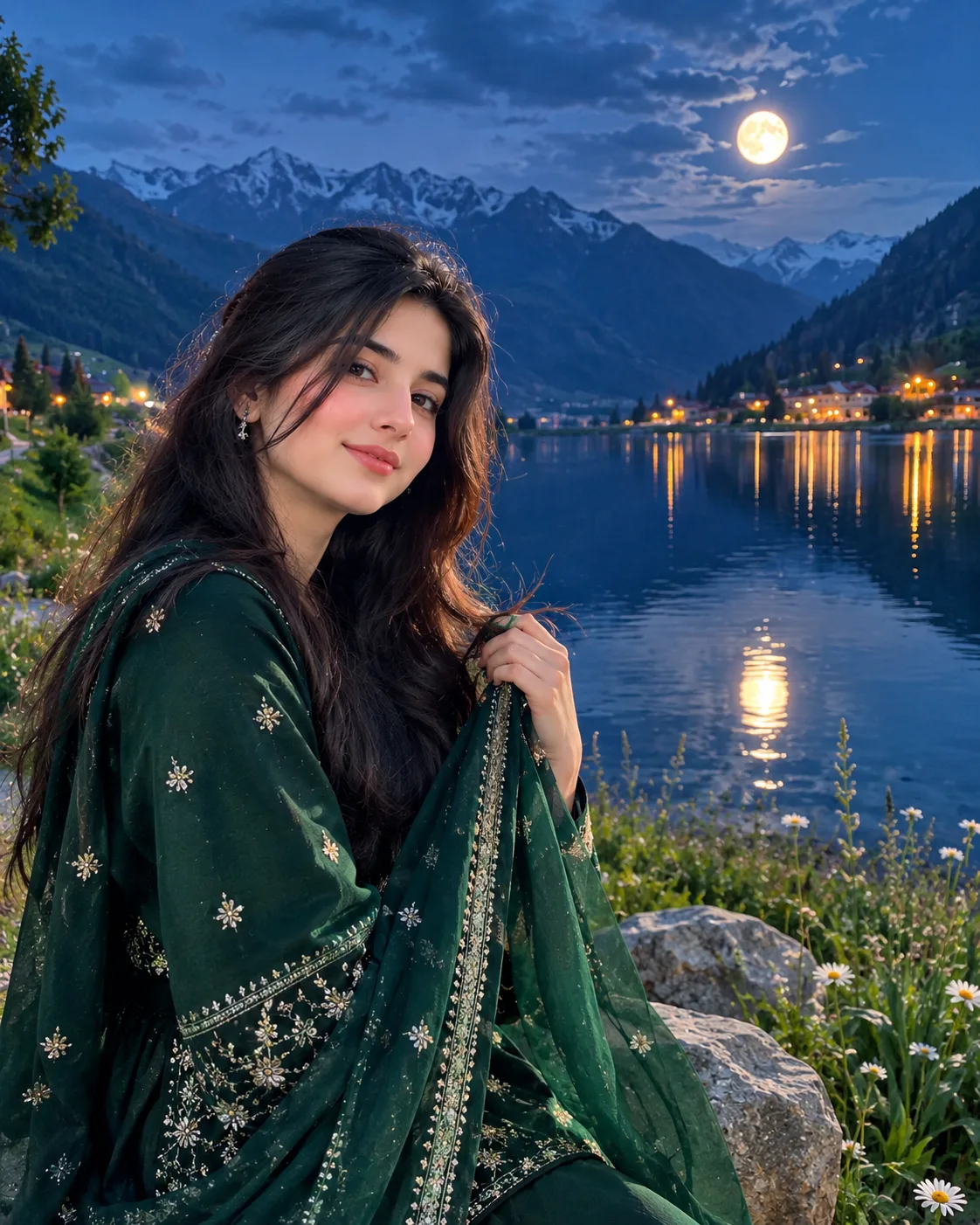 Create an ultra-realistic, high-resolution cinematic portrait of a beautiful young South Asian woman sitting gracefully beside a peaceful