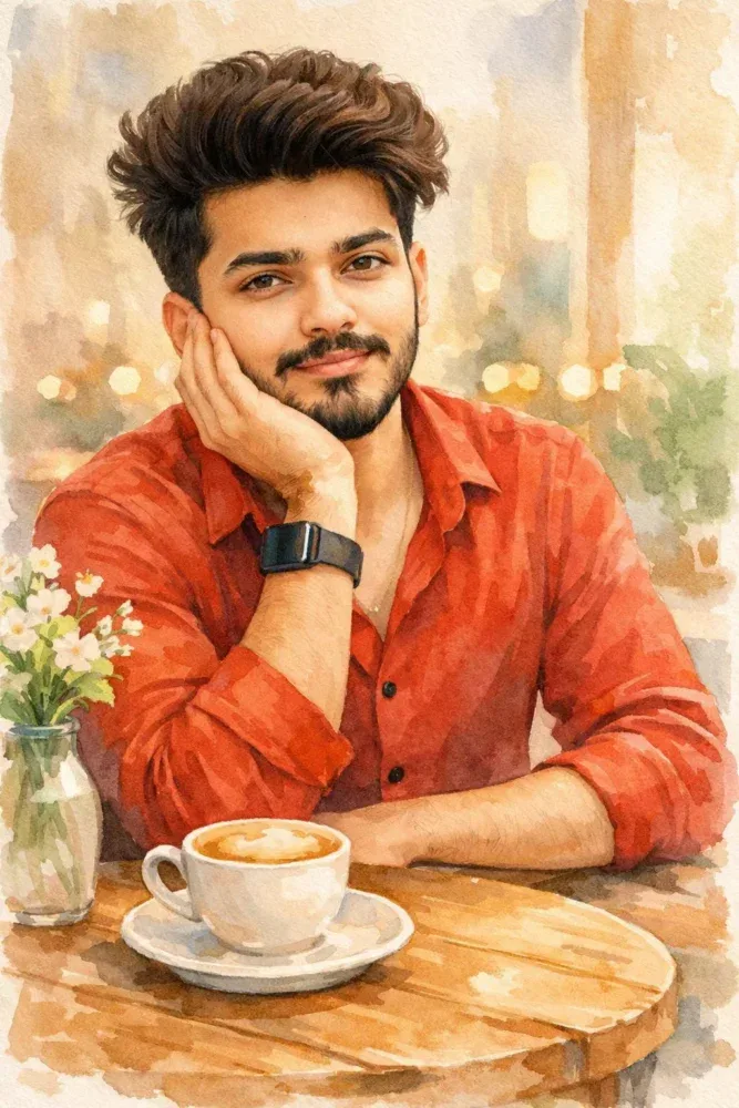 Create a soft watercolor illustration of a young outh Indian man sitting at a cozy café table.