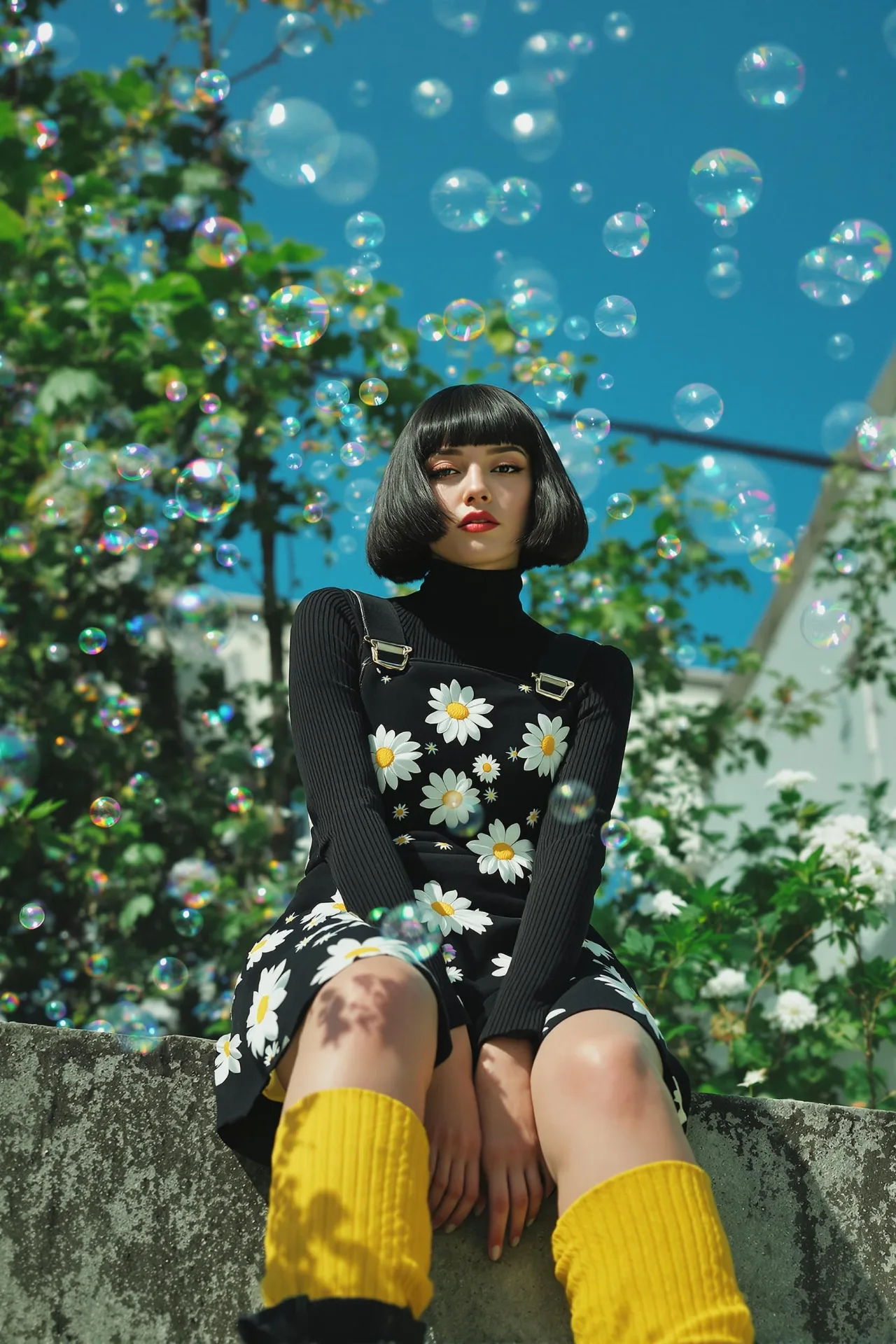 "A whimsical and playful portrait of a young woman with a short black bob haircut, sitting outdoors on a concrete wall.