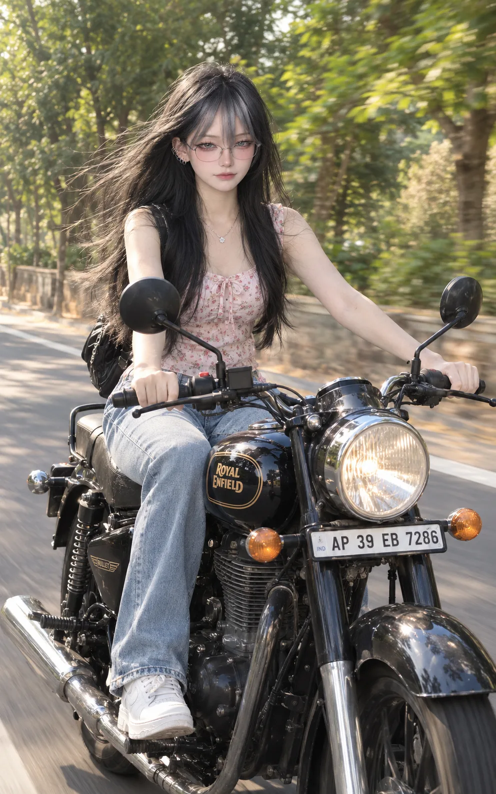 Ultra-realistic action photo of a young Indian girl riding a black Royal Enfield Bullet motorcycle on a road.