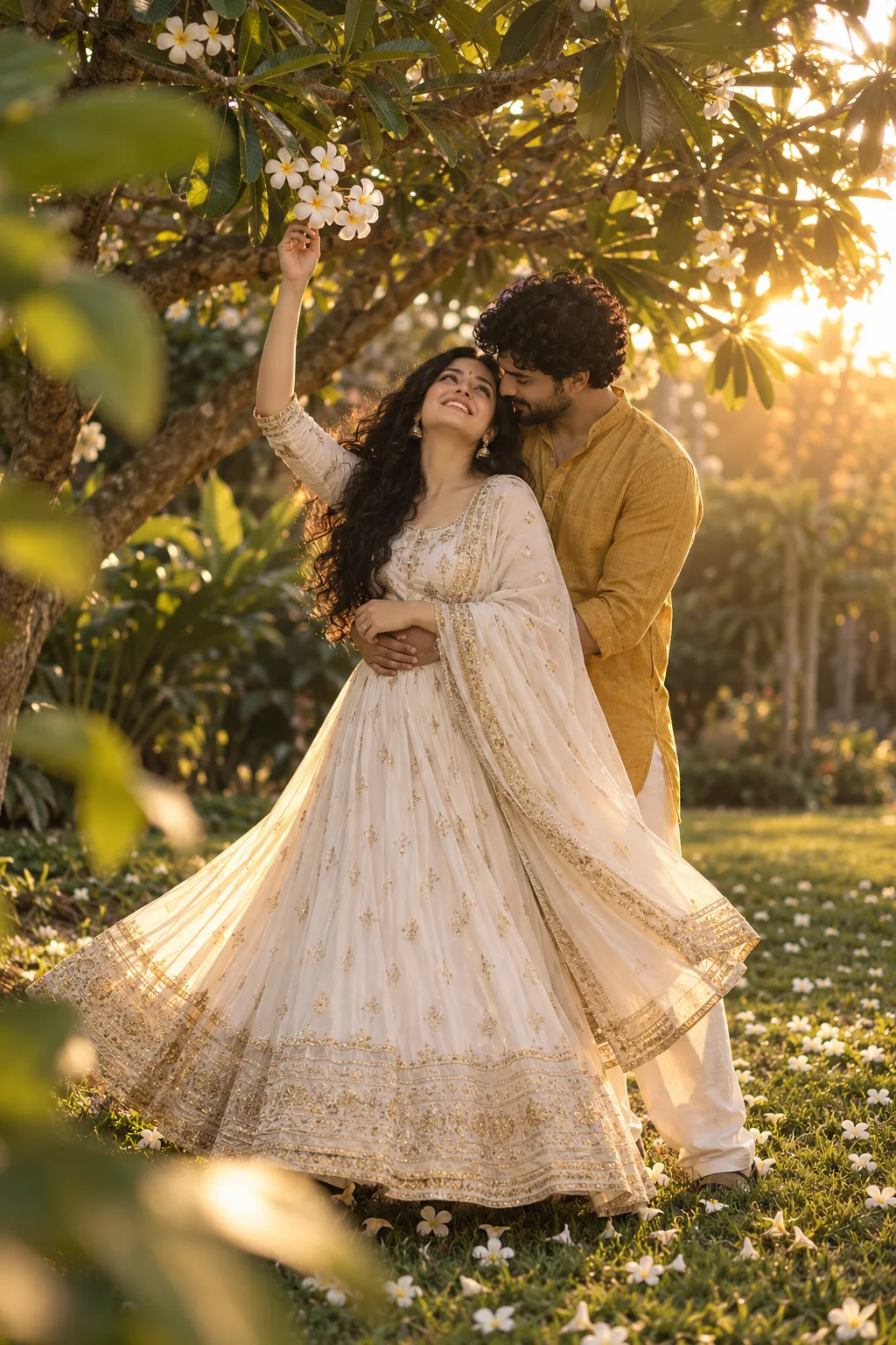 "Cinematic golden hour couple portrait — a radiant young Indian woman in flowing white-gold anarkali twirling under a blooming plumeria