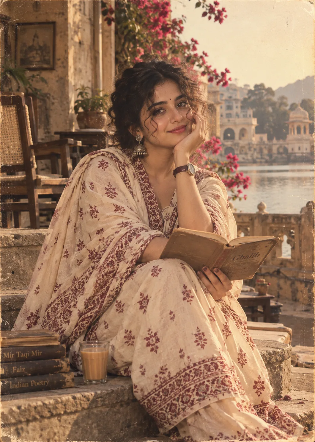 Transform this image into an ultra-realistic cinematic 1980s Indian portrait, preserving the woman's facial features, natural beauty, skin