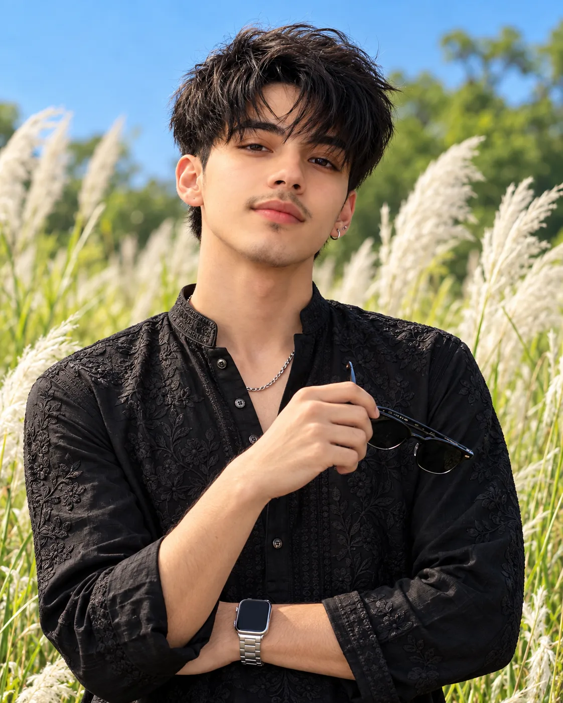 Create a highly photorealistic, cinematic portrait of a handsome young South Asian man (early 20s) standing outdoors on a bright day.
