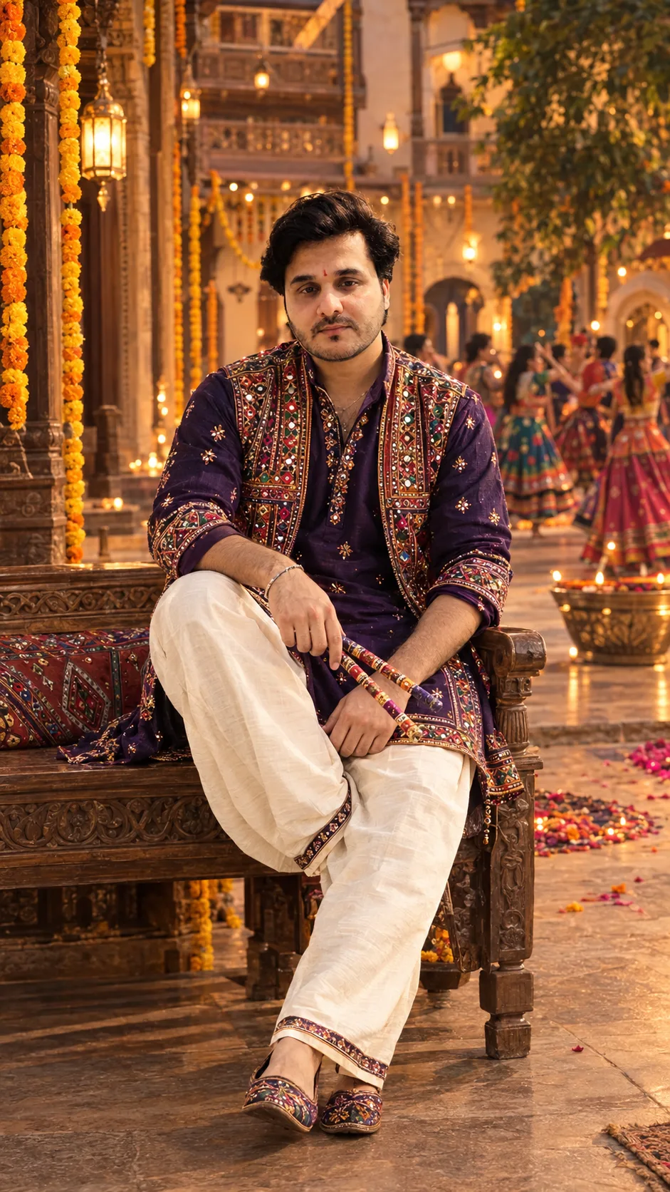 Using my uploaded photo as the identity reference, create an ultra-realistic luxury Gujarati Navratri editorial portrait.