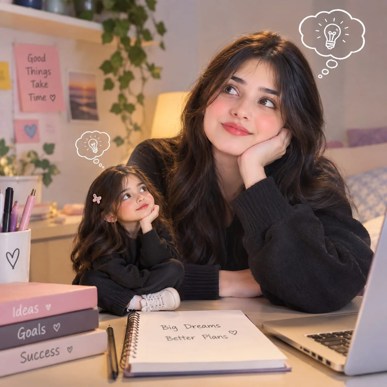 Create a warm, cozy, aesthetic photorealistic image of a young Pakistani/South Asian woman sitting at a desk with her adorable mini version