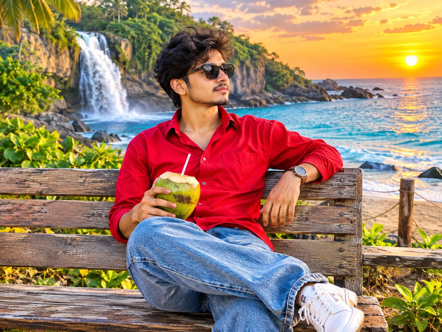 @Create image "A breathtaking tropical beach scene during golden sunset, with a beautiful waterfall cascading down rocky cliffs in the