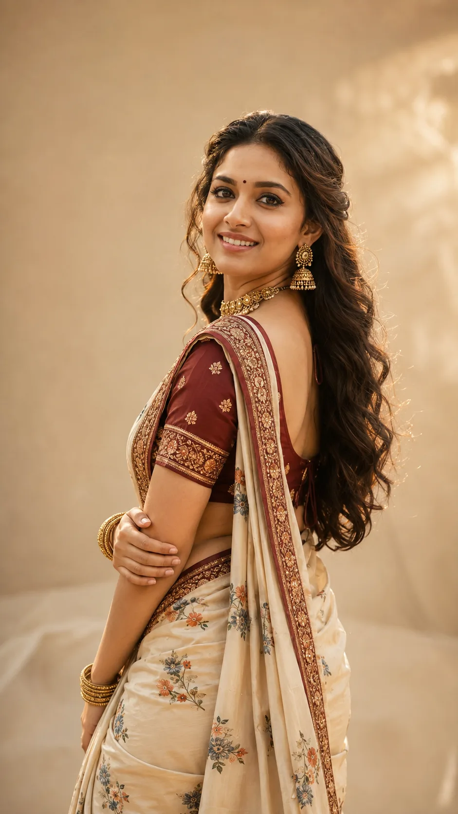 Create an ultra-realistic, elegant cinematic portrait of a young Indian woman, using the uploaded reference image as the exact identity
