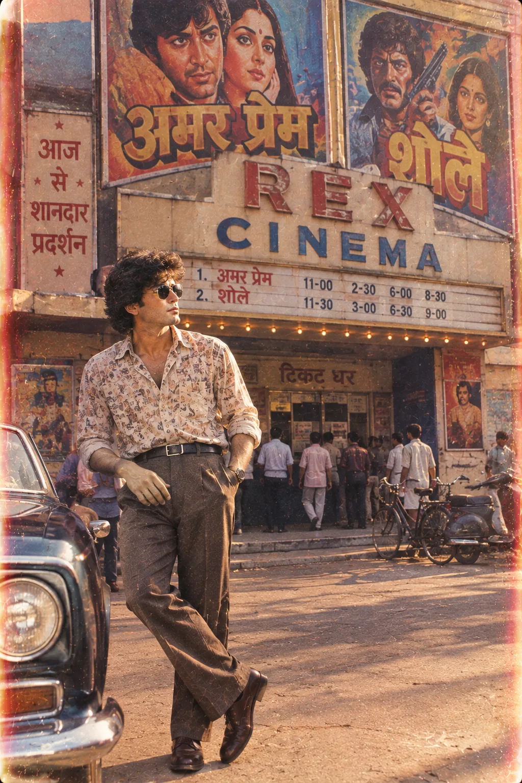 Photorealistic cinematic 1980s Bollywood-inspired portrait of a young person standing confidently outside an old single-screen Indian
