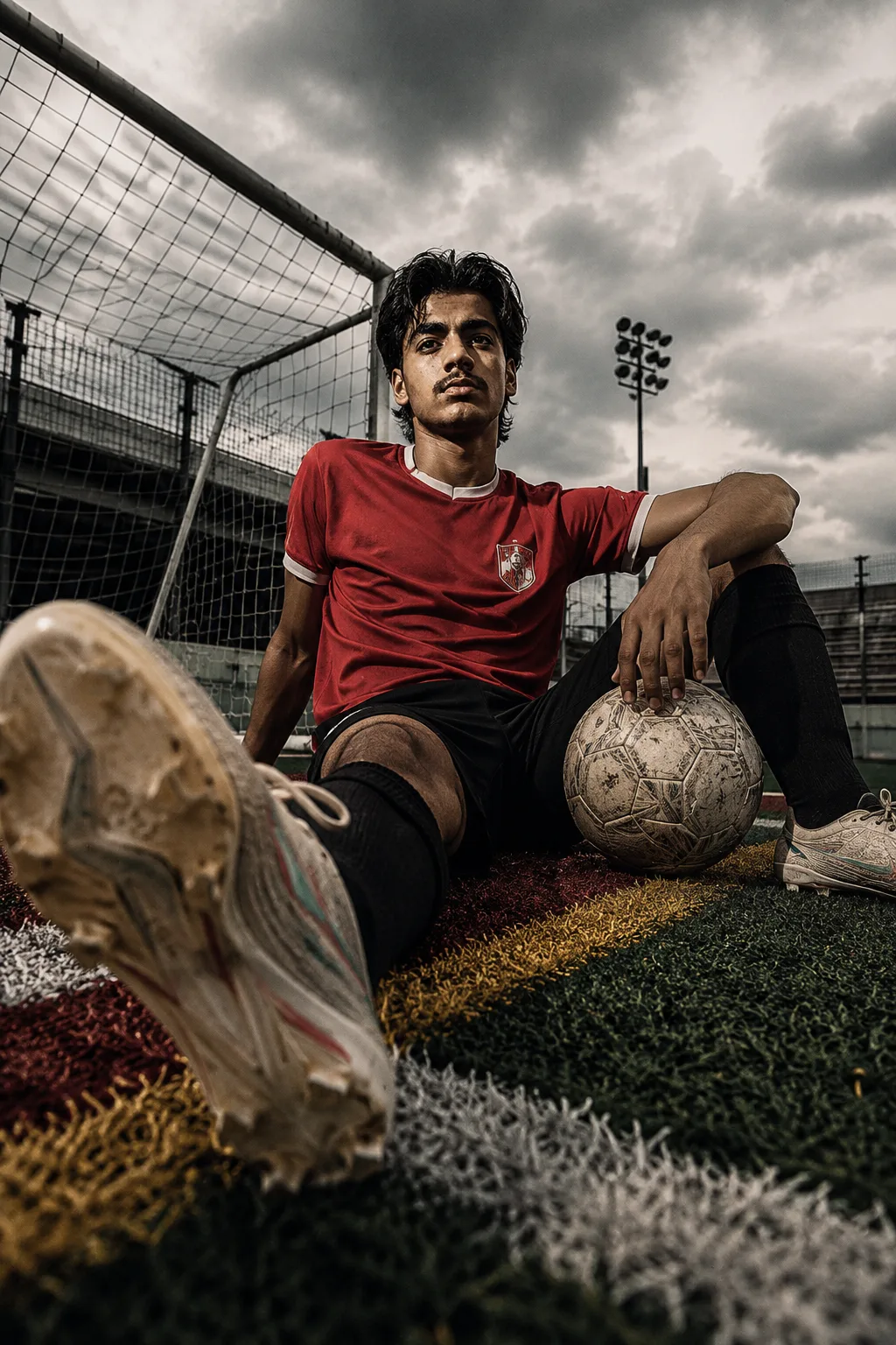 Exact Image Recreation Prompt Create a highly photorealistic cinematic sports-fashion photograph of a young adult male football/soccer