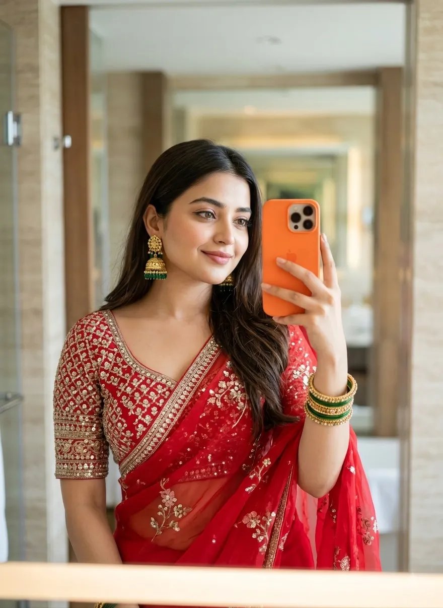 An ultra-realistic 8k mirror selfie of a beautiful young South Asian woman with long, wavy dark hair, smiling softly.