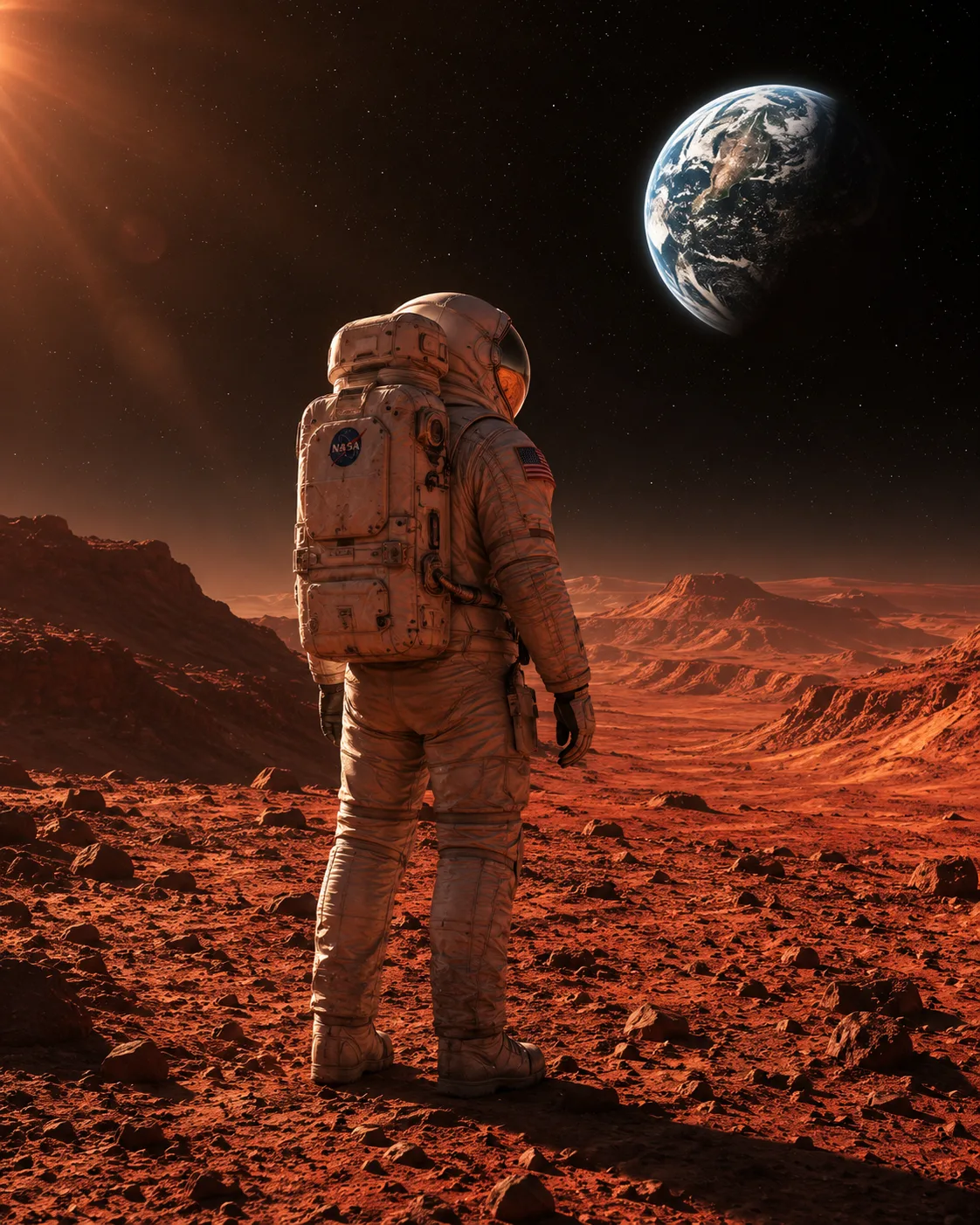 Astronaut standing on Mars, Earth visible in the sky, cinematic sunlight, realistic space photography