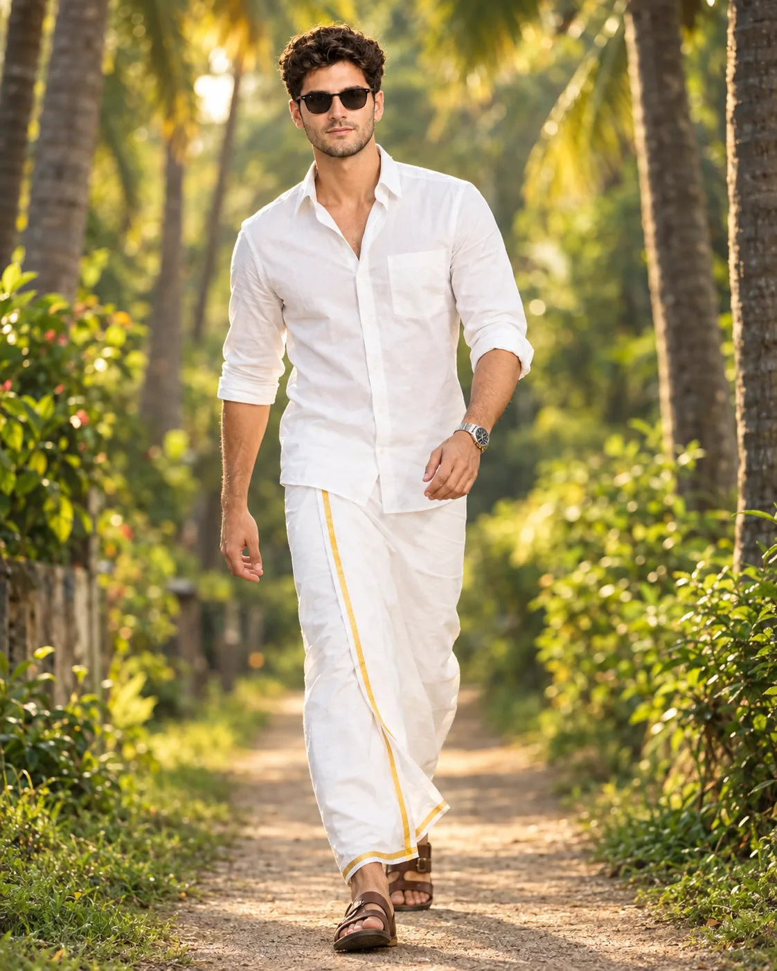 Cinematic full-body editorial portrait of a young man walking confidently toward the camera on a narrow garden path lined with beautiful
