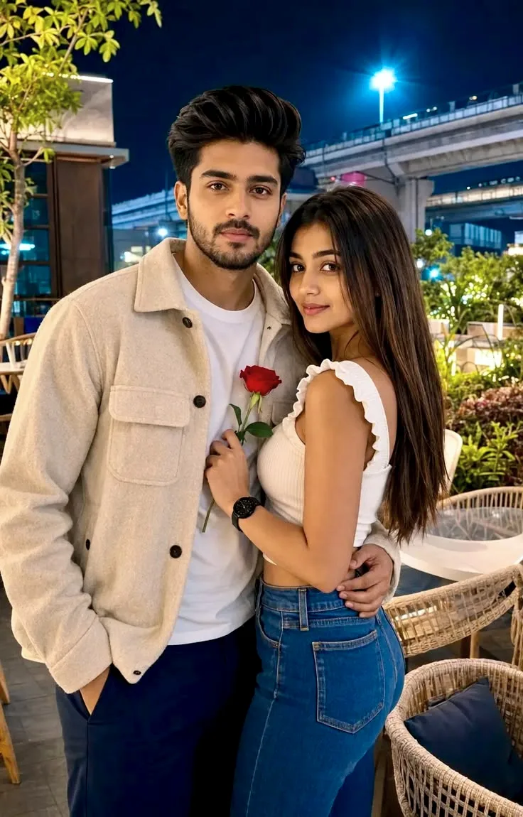 A photorealistic vertical medium shot of the attractive young South Asian couple from the reference image, faithfully preserving their