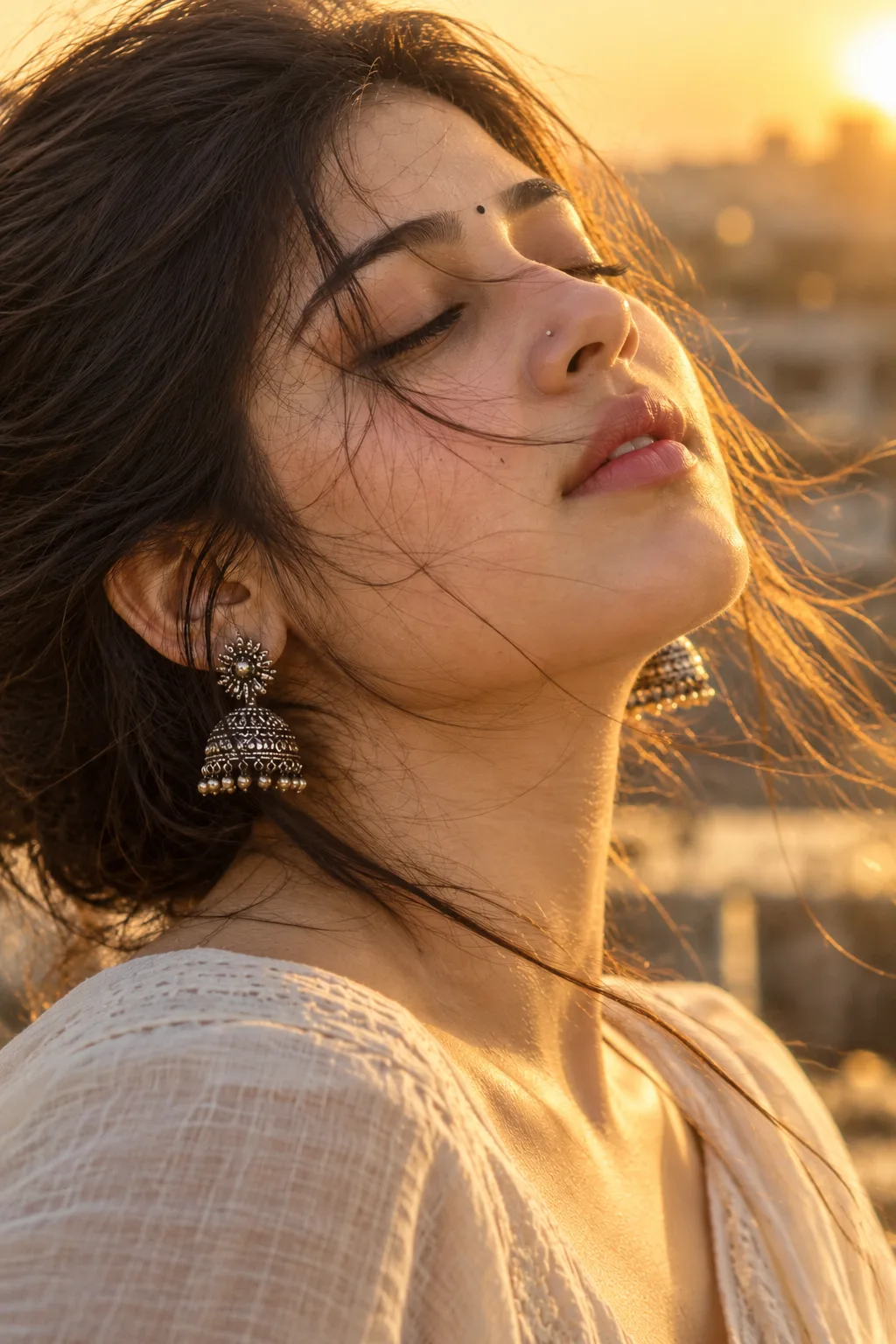 Ultra-photorealistic extreme close-up cinematic beauty portrait of the same beautiful South Asian woman, preserving her exact facial