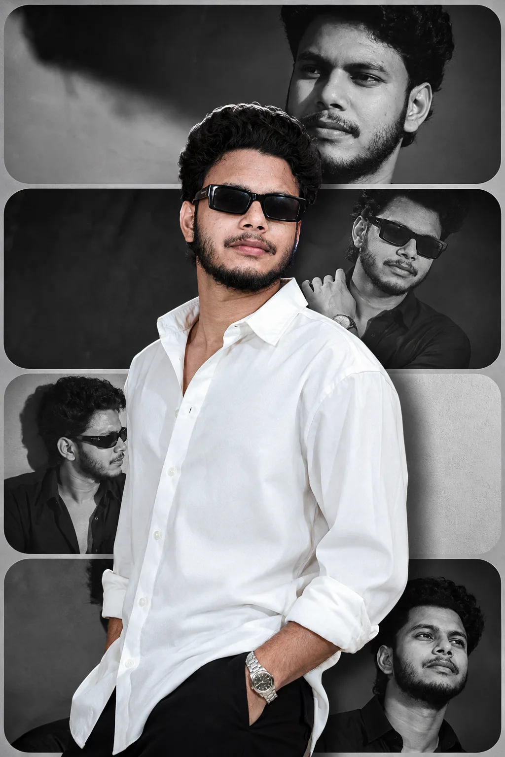 A stylish black and white collage portrait of a young Indian man with curly dark hair, well-groomed beard and mustache.