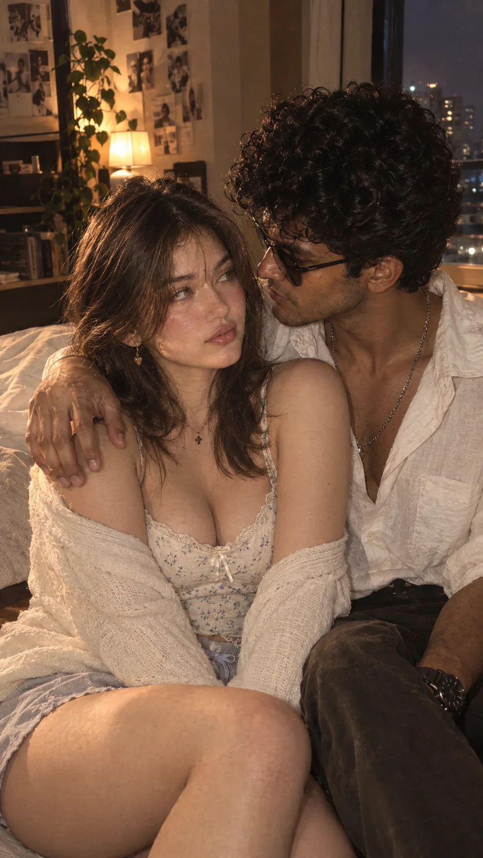 Prompt: > Ultra-realistic cinematic candid photograph of a young couple sitting closely together on a bed in a cozy modern bedroom at