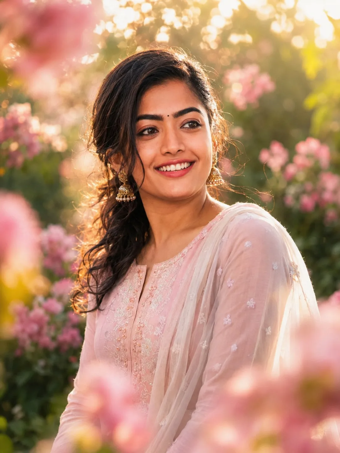 Create a dreamy, ultra-realistic cinematic portrait of a young Indian woman, using the uploaded reference image as the exact identity