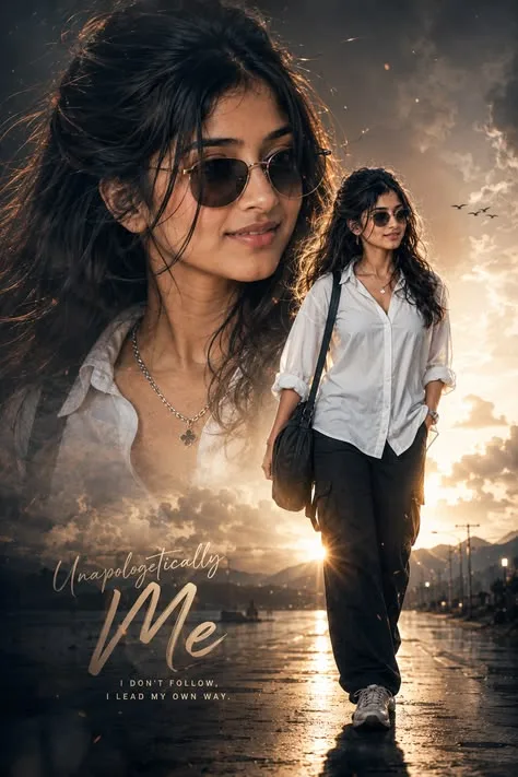 A cinematic movie poster design featuring a beautiful South Asian woman with long wavy black hair and sunglasses.