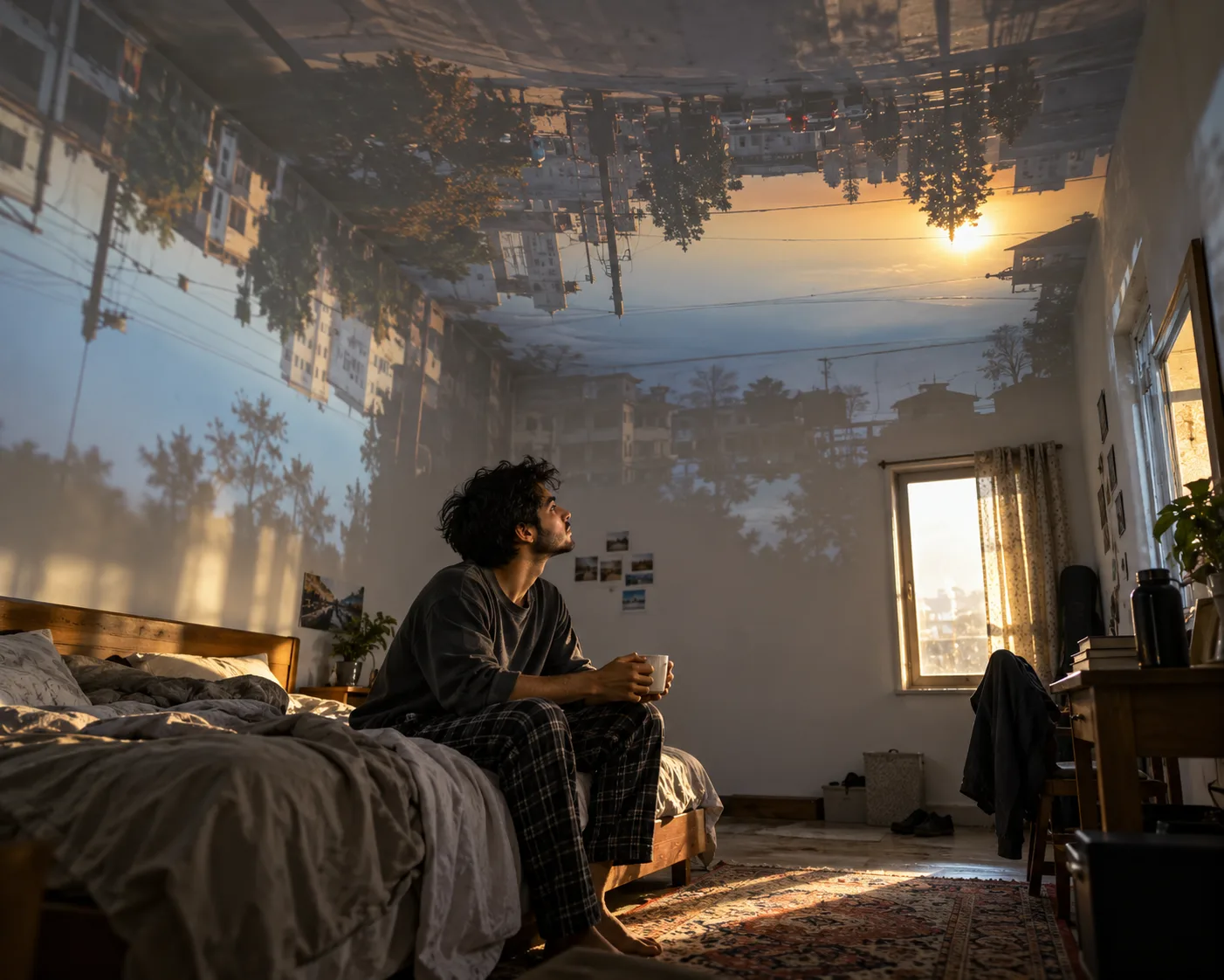 Surreal camera-obscura photograph of a small bedroom just after sunrise, an inverted upside-down projection of the street outside glowing