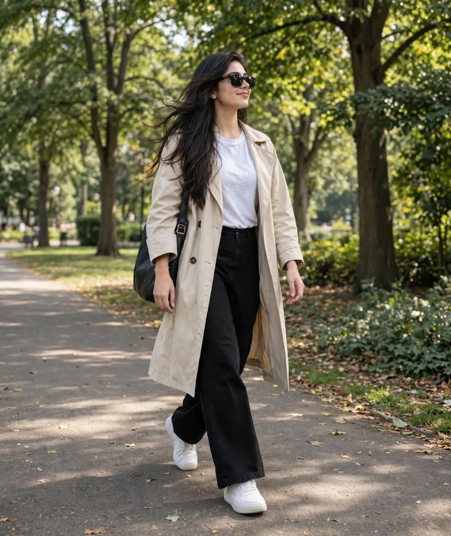 cinematic portrait of a young woman with long dark hair, wearing beige trench coat, sitting on a rock in a foggy park, soft diffused