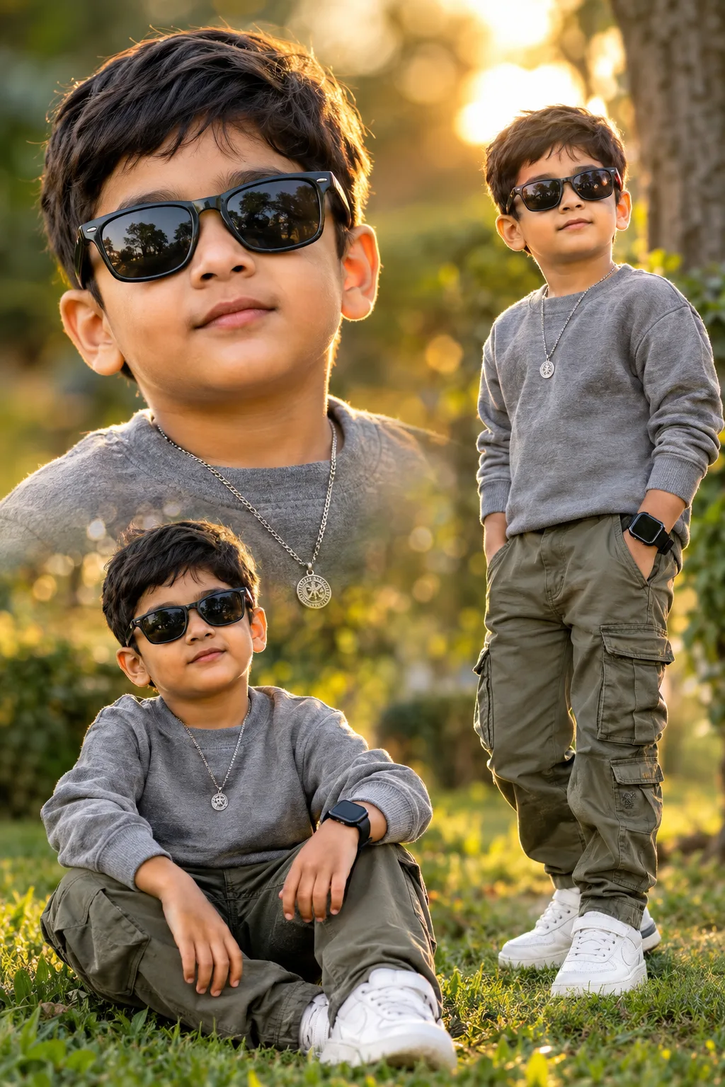 Ultra-realistic 5year-old South Asian boy, exact face preservation, greysweater and cargo pants, white sneakers, sunglasses, silver