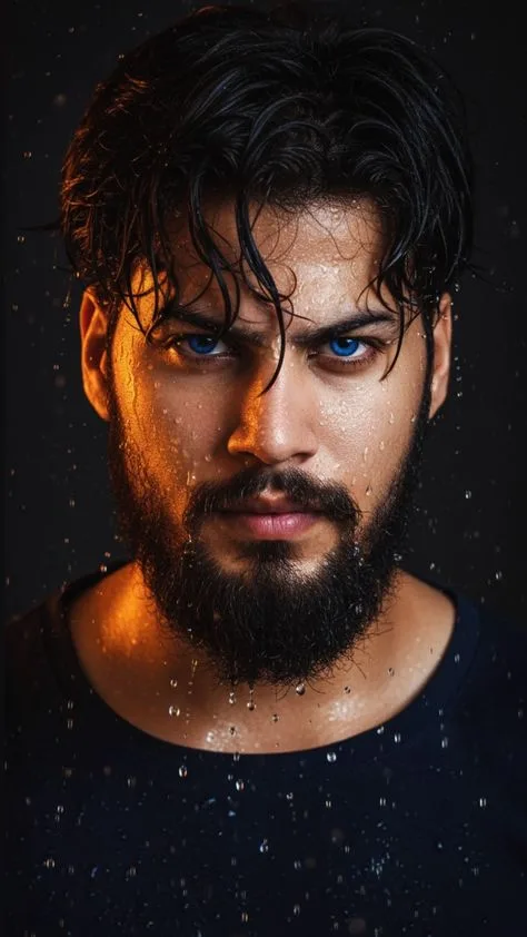 CONCEPT: Low-key close-up portrait of a handsome male model with wet slicked hair and striking blue eyes, drenched in water drops,