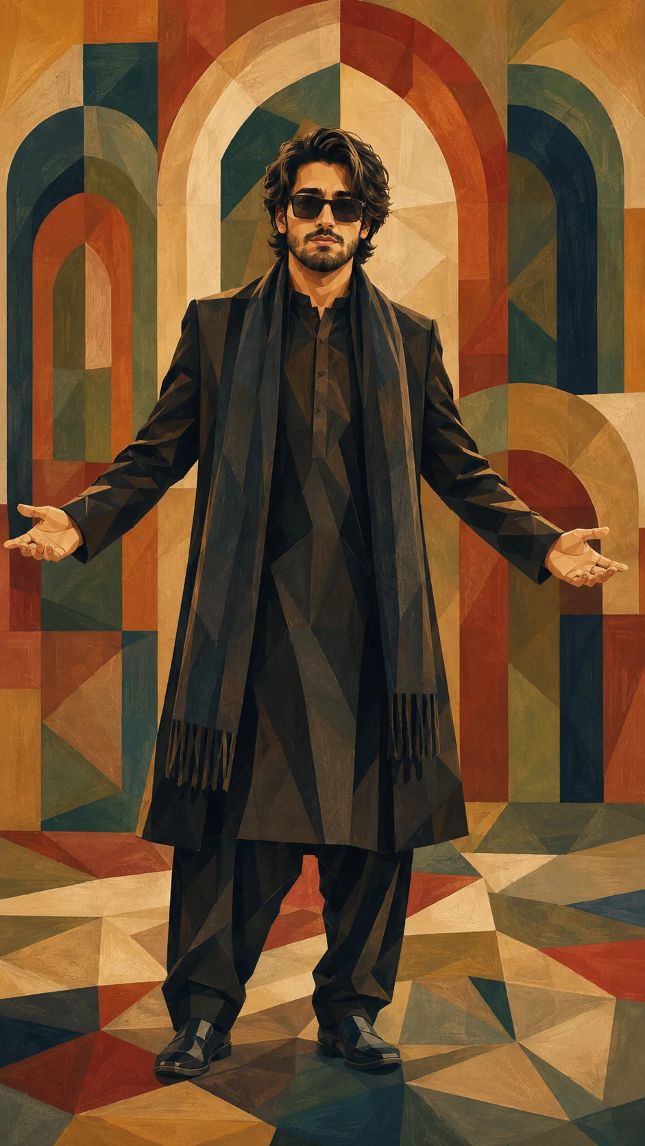 **Prompt:** A full-body editorial-style portrait of a confident young South Asian man standing centered and facing directly toward the