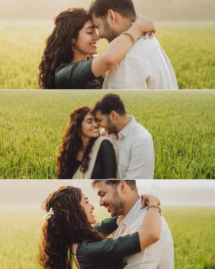 Romantic Three-Panel Outdoor Portrait of Couple in Golden Hour Paddy Field