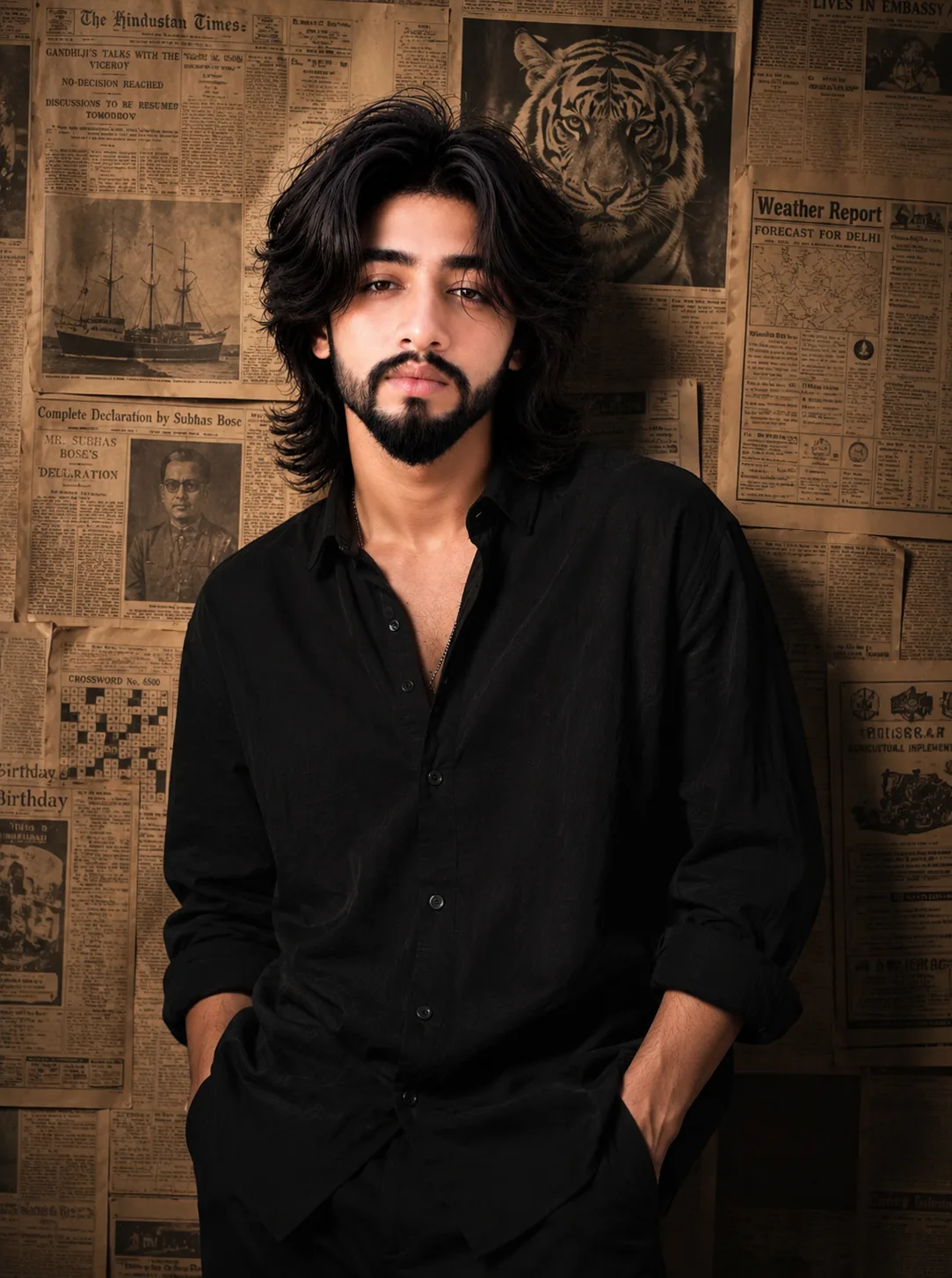 Prompt: Create an ultra-photorealistic, high-end cinematic fashion portrait of a young South Asian male standing indoors against a dramatic