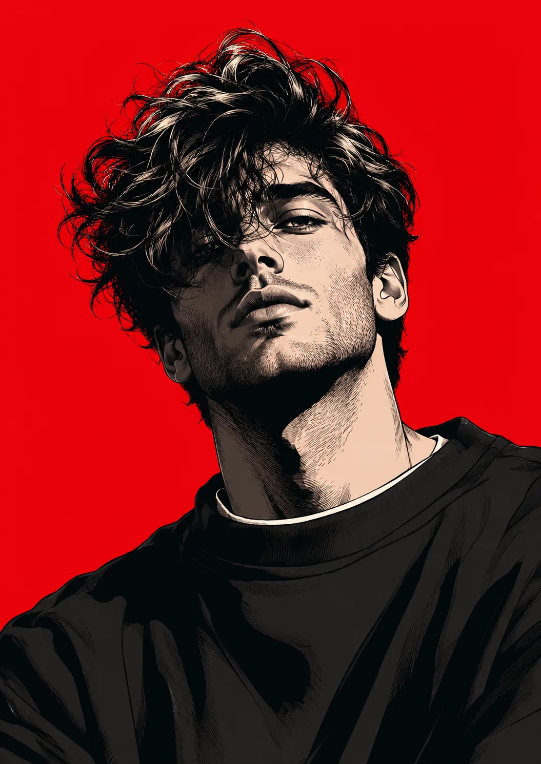 Create a high-end graphic-novel/vector-style portrait of a handsome young Western man against a solid vivid red background.