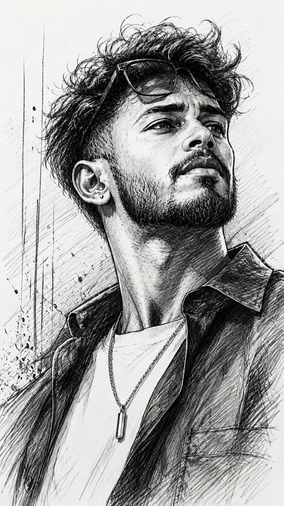 Create an ultra-detailed realistic graphite pencil sketch of a confident young man in a dramatic low-angle portrait, shown from the chest