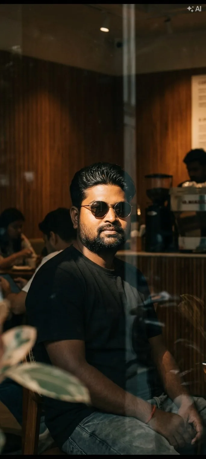 A cinematic, ultra-realistic candid portrait of a South Asian man with styled dark hair and a neat beard, wearing round dark sunglasses, a