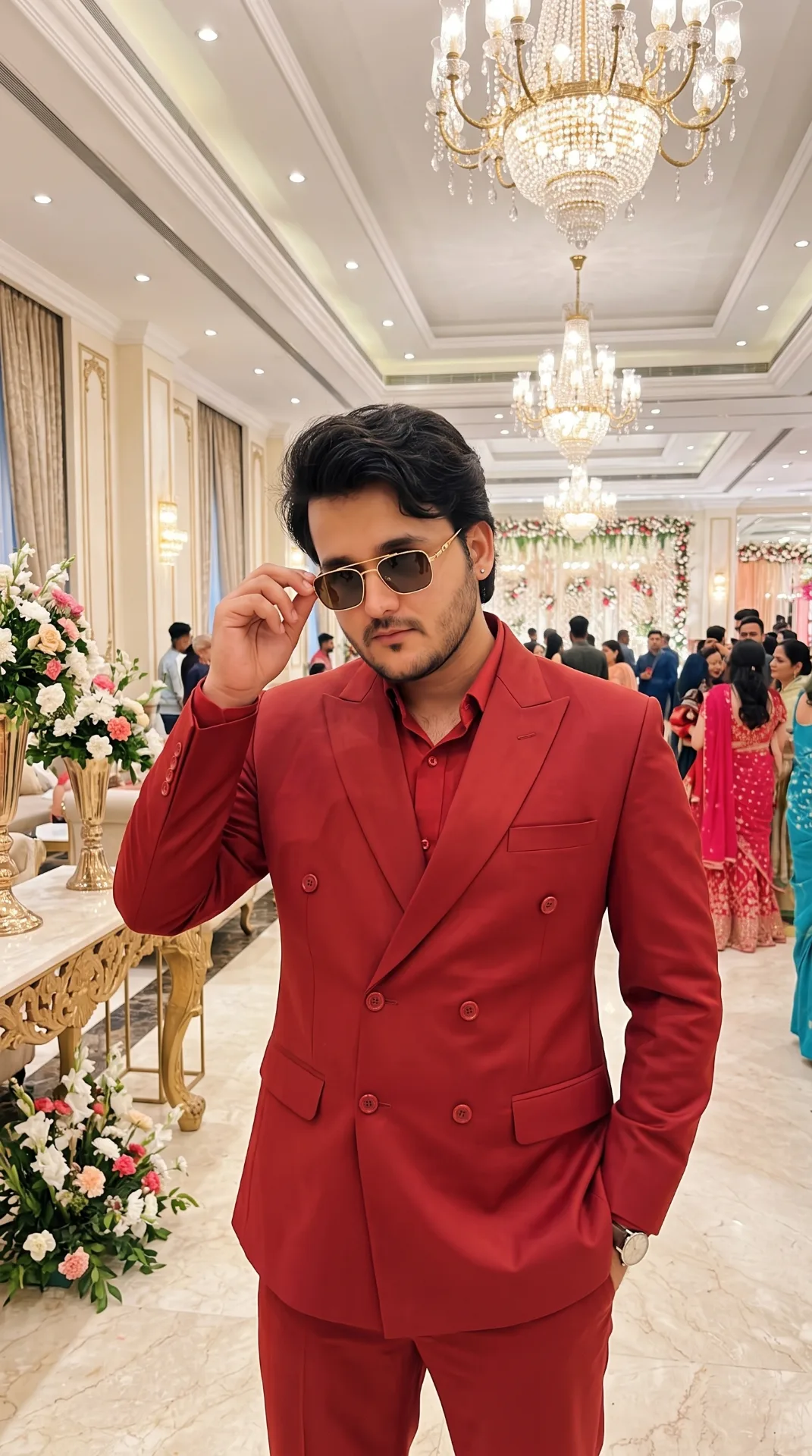 Ultra-realistic natural smartphone photography of a very handsome and attractive young man as reference image standing inside a venue.