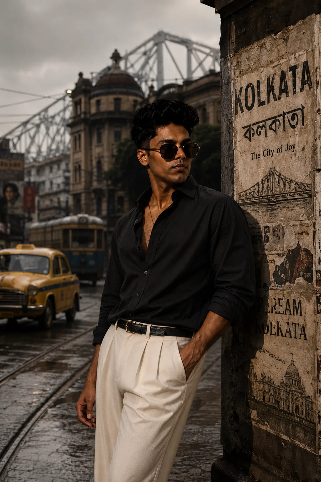 Prompt: > Ultra-realistic cinematic editorial street portrait of a young South Asian man standing casually against a weathered vintage wall
