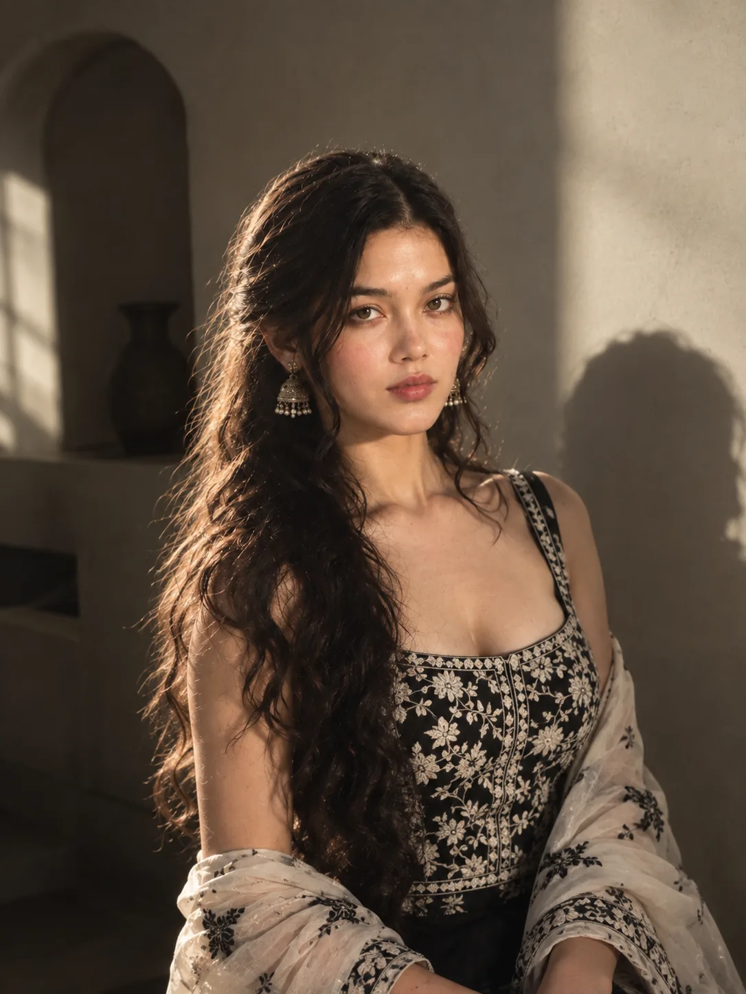 A young woman with long, dark, voluminous hair poses for a centered portrait, her expression neutral and direct.
