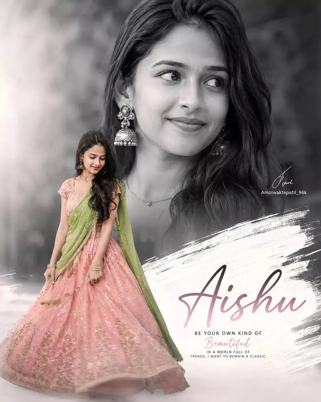 Ultra-realistic Indian girl collage edit, large black-and-white background portrait, small full-body lehenga pose in pink dress with green