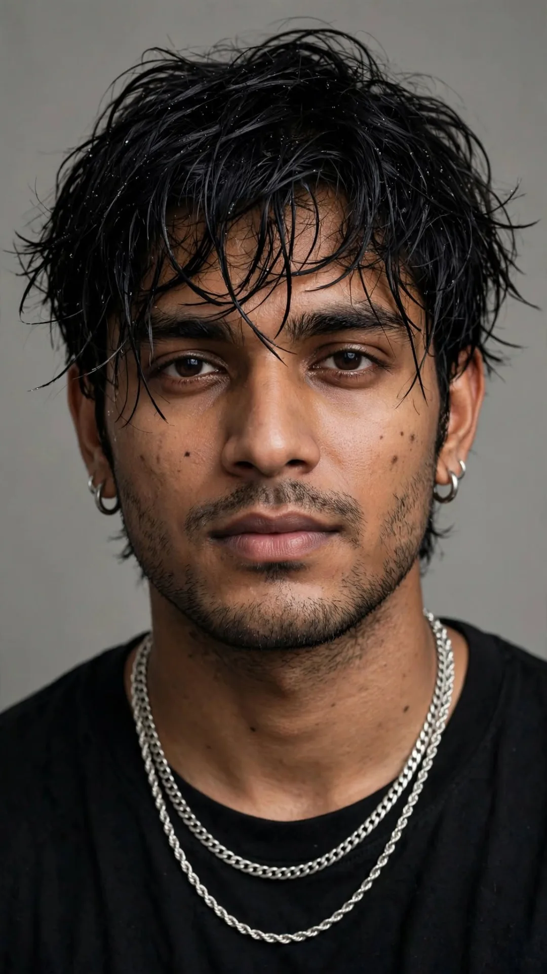9:16 photorealistic studio portrait, messy wet hair, silver chains and earrings, black t-shirt, neutral grey background, soft studio