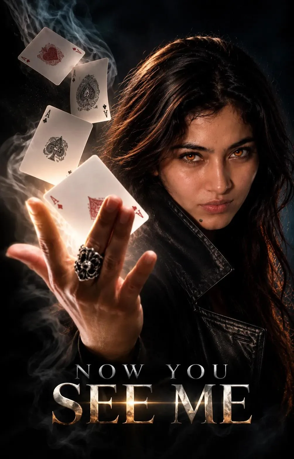 Cinematic potrait of uploaded woman, slightly glowing amber eyes, black leather jacket, hand reaching toward camera with an ornate ring,