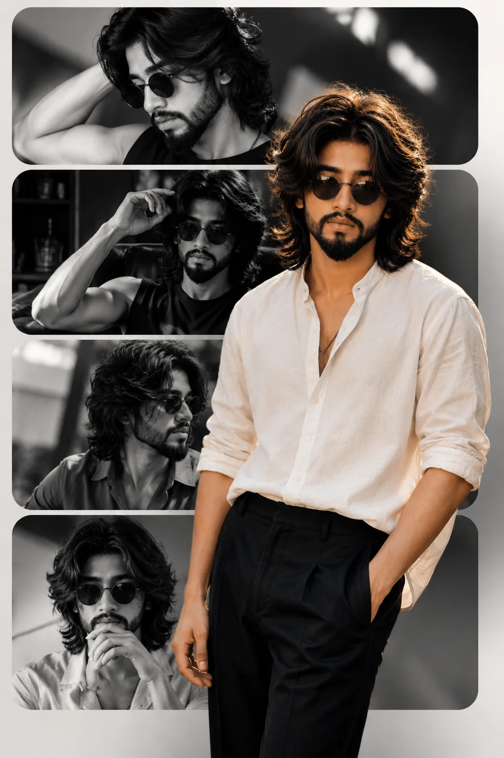 "A stylish man with long wavy dark hair and a beard, wearing round dark sunglasses and a beige linen shirt, stands in a full-color